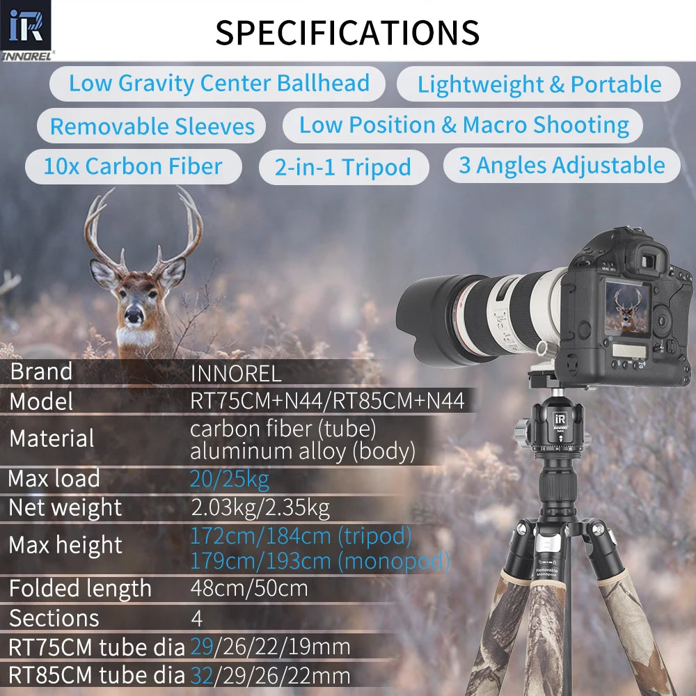 INNOREL RT75/85CM Camouflage Carbon Fiber Tripod Monopod for DSLR Camera Heavy Stand Panoramic Low Gravity Ball Head
