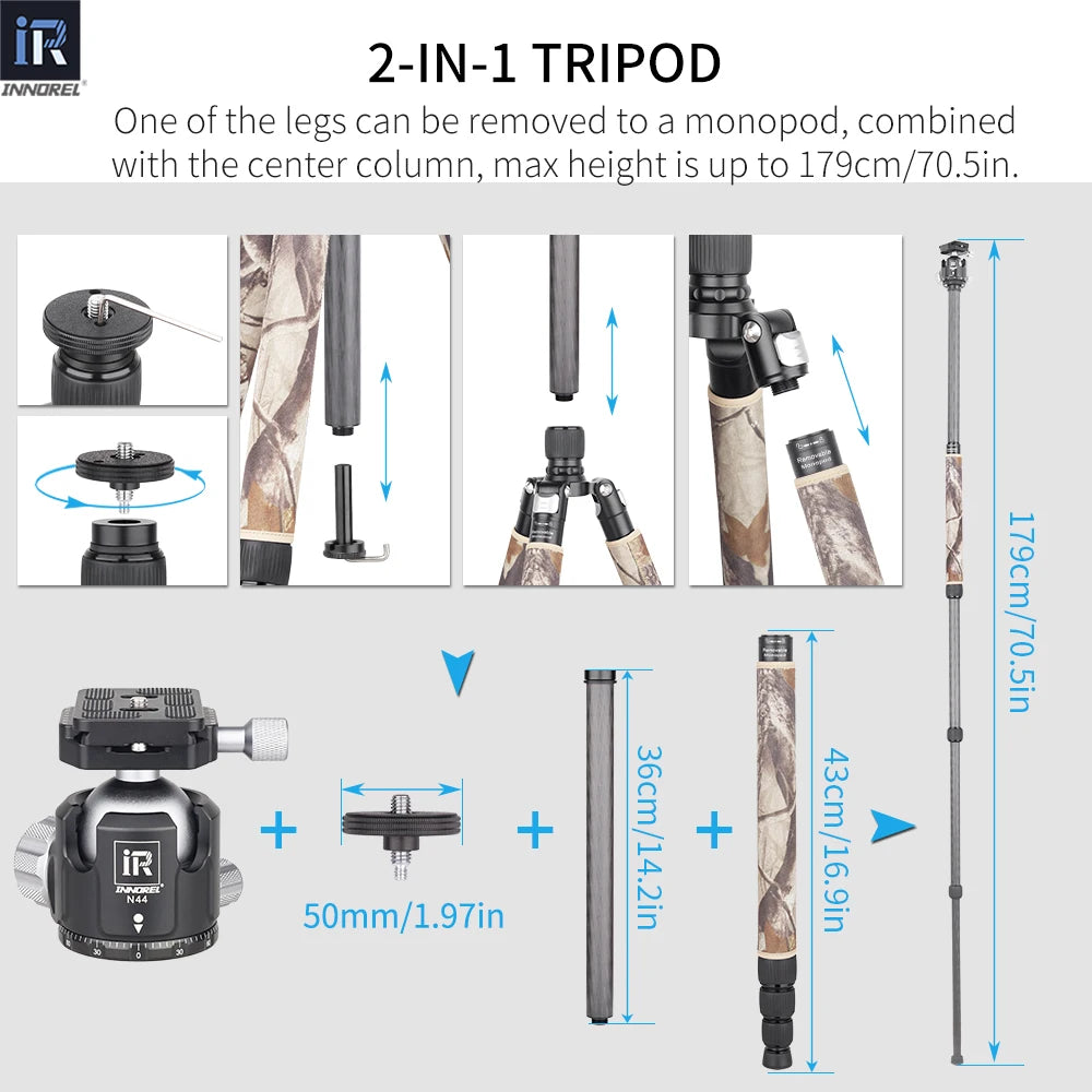 INNOREL RT75/85CM Camouflage Carbon Fiber Tripod Monopod for DSLR Camera Heavy Stand Panoramic Low Gravity Ball Head