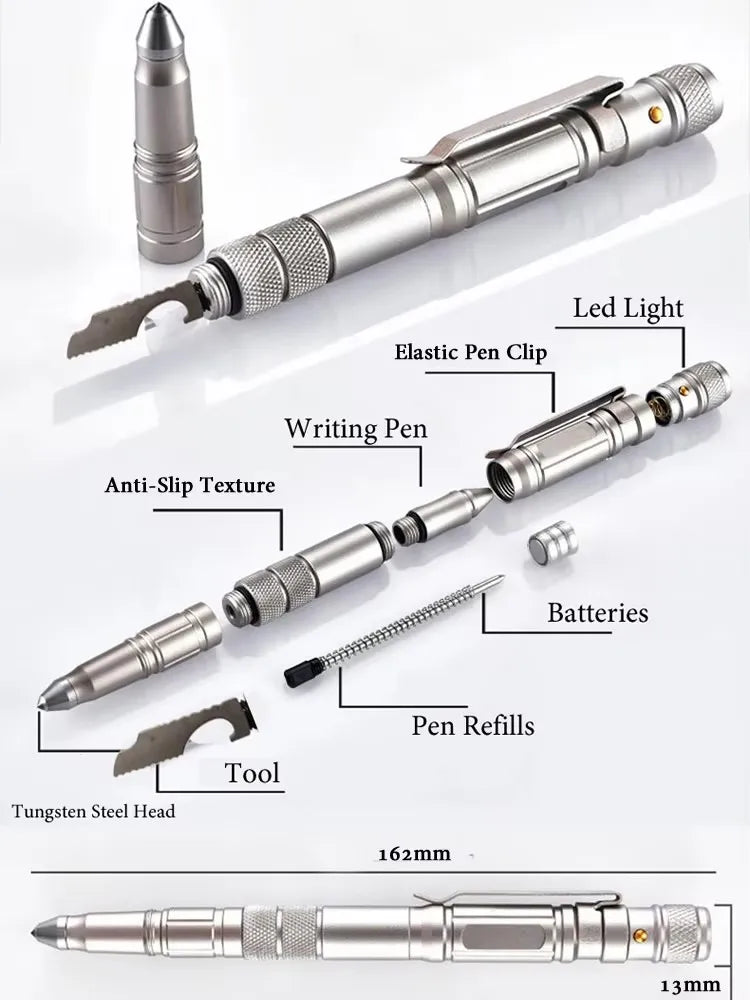 Multi-Function Military Self Defense Tactical Pen Outdoor Survival EDC Emergency Flashlight Strobe Bottle Opener Window Breaker