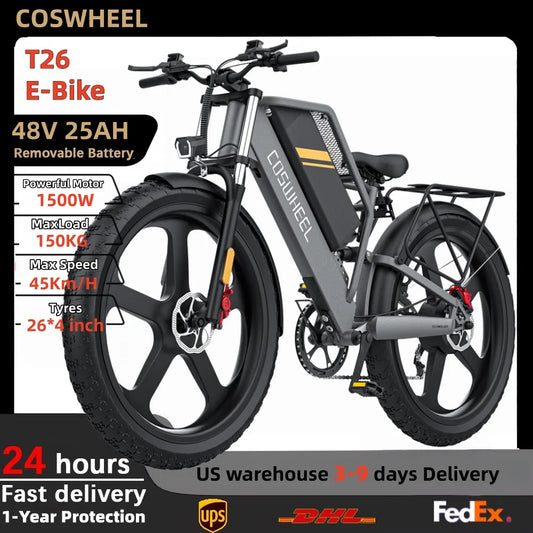 COSWHEEL T26 Electric Bicycle 1500W Ebike Powerful motor 48V25AH lithium battery adult Electric Bike 26*4 Inch Fat Tire E-bike