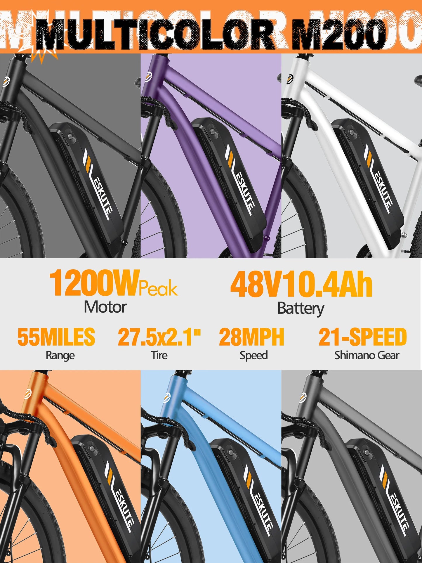 ESKUTE M200 Electric Bicycle  – 21-Speed Gear 27.5" Mountain ectric Bike, 1200W Peak, 28MPH, 48V 10.4Ah Battery  E-Bike
