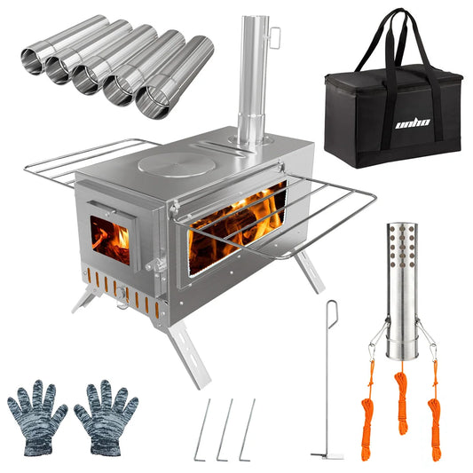 Unho Portable Wood Burning Tent Stove with Six Chimney Pipes