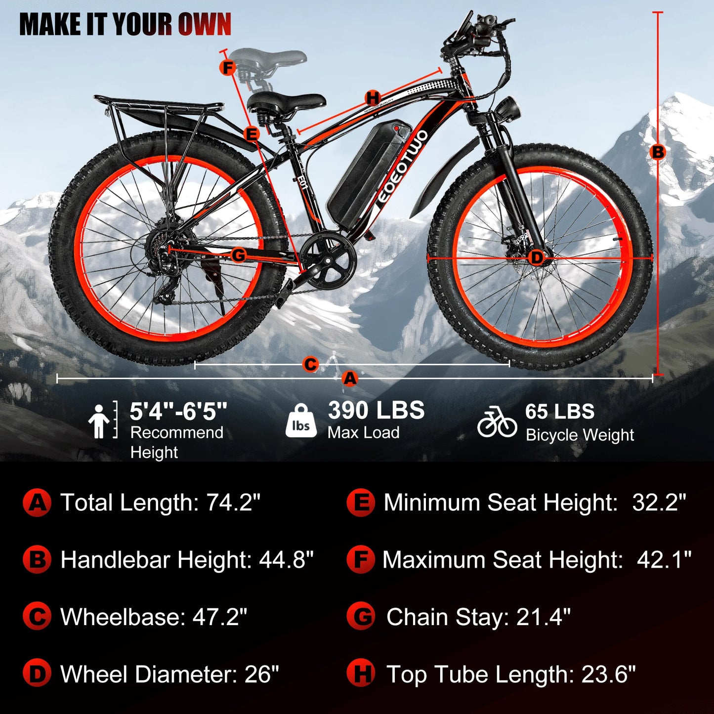 EOEOTWO E01 Electric Bike Fat Tire Mountain 1500W Peak Motor