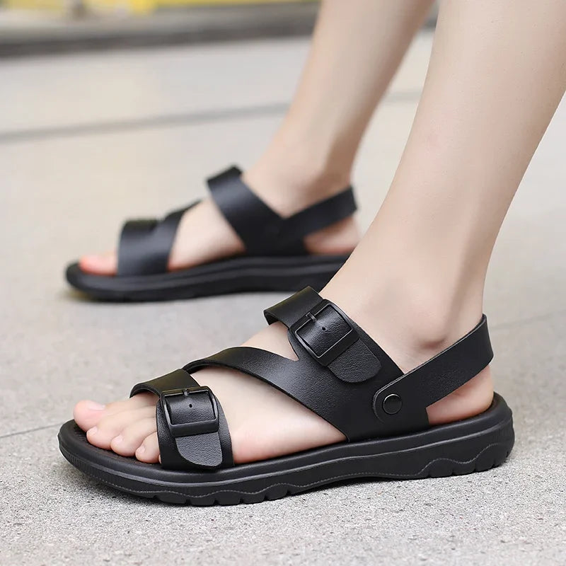 YUYIN Men PU Leather Sandals Non Slip Breathable Outdoor Slippers