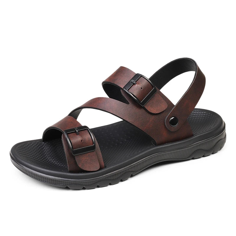 YUYIN Men PU Leather Sandals Non Slip Breathable Outdoor Slippers