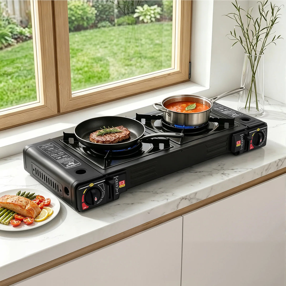 Portable Dual Burner Camping Gas Stove With Safety Valve