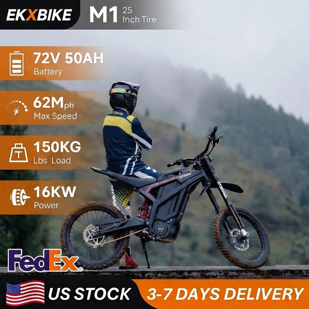 EKXBIKE M1 16800W Peak Electric Dirt Bike 72V/50Ah Electric Bike 85Miles Max Range 62Mph Max Speed Mountain Electric Motorcycle