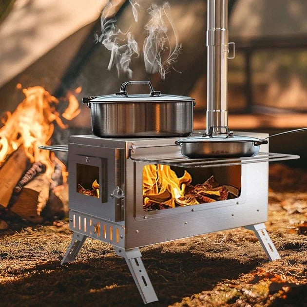 Unho Portable Wood Burning Tent Stove with Six Chimney Pipes