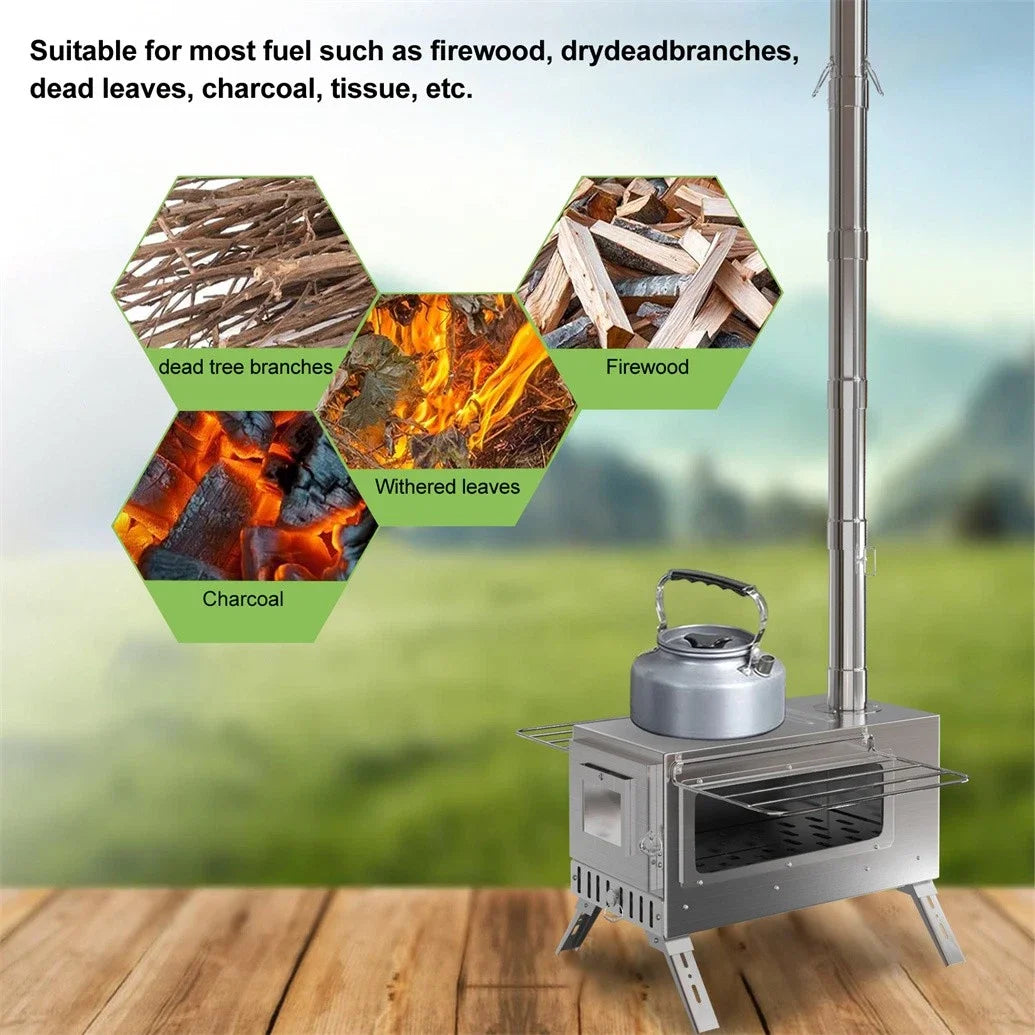 Unho Portable Wood Burning Tent Stove with Six Chimney Pipes