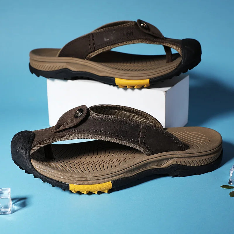 New Men's Genuine Leather Flip-Flops Stylish Non-Slip Beach Sandals Comfortable Durable for Outdoor Everyday Wear Big Sizes