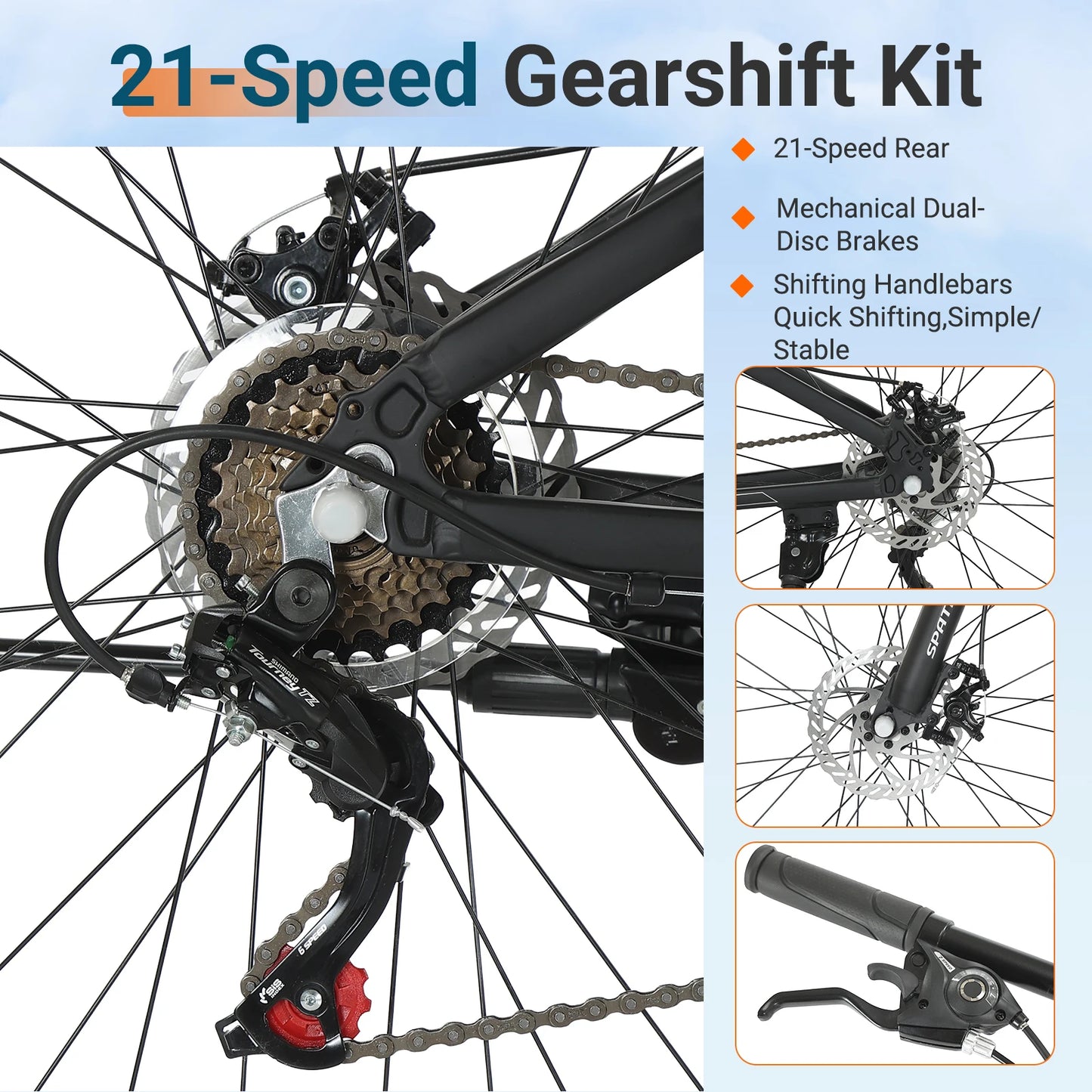 Spatial Mountain Bike 21 Speed Aluminum Frame Dual Disc Brakes