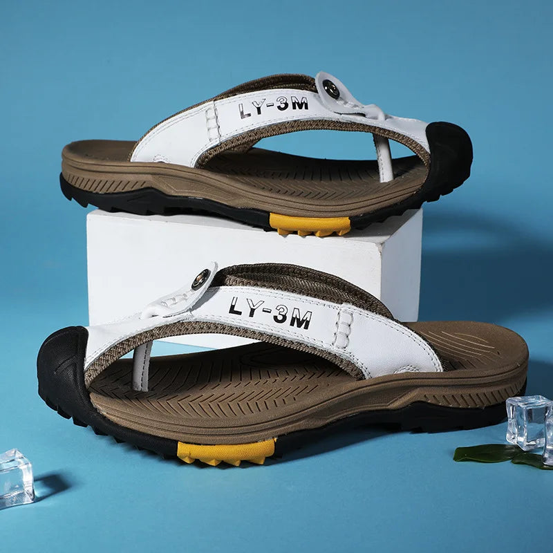 New Men's Genuine Leather Flip-Flops Stylish Non-Slip Beach Sandals Comfortable Durable for Outdoor Everyday Wear Big Sizes