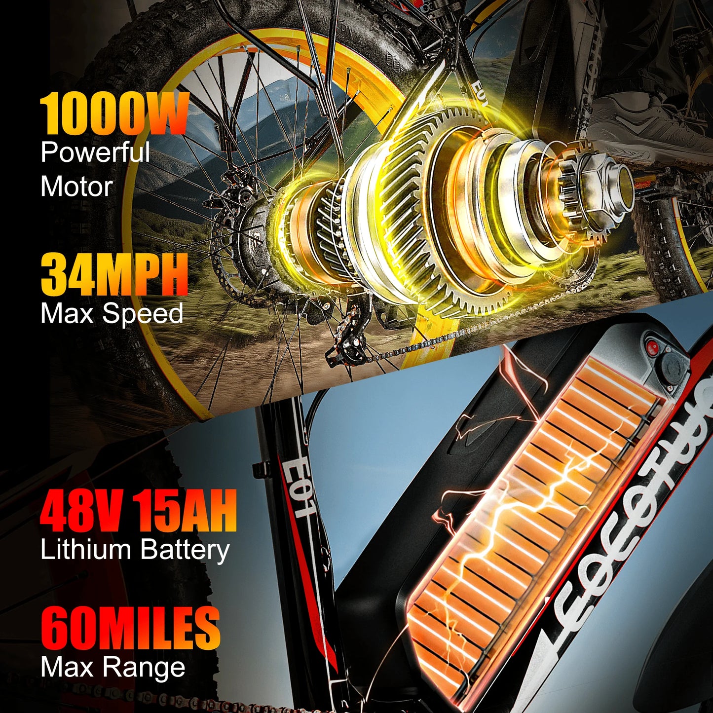 EOEOTWO E01 Electric Bike Fat Tire Mountain 1500W Peak Motor