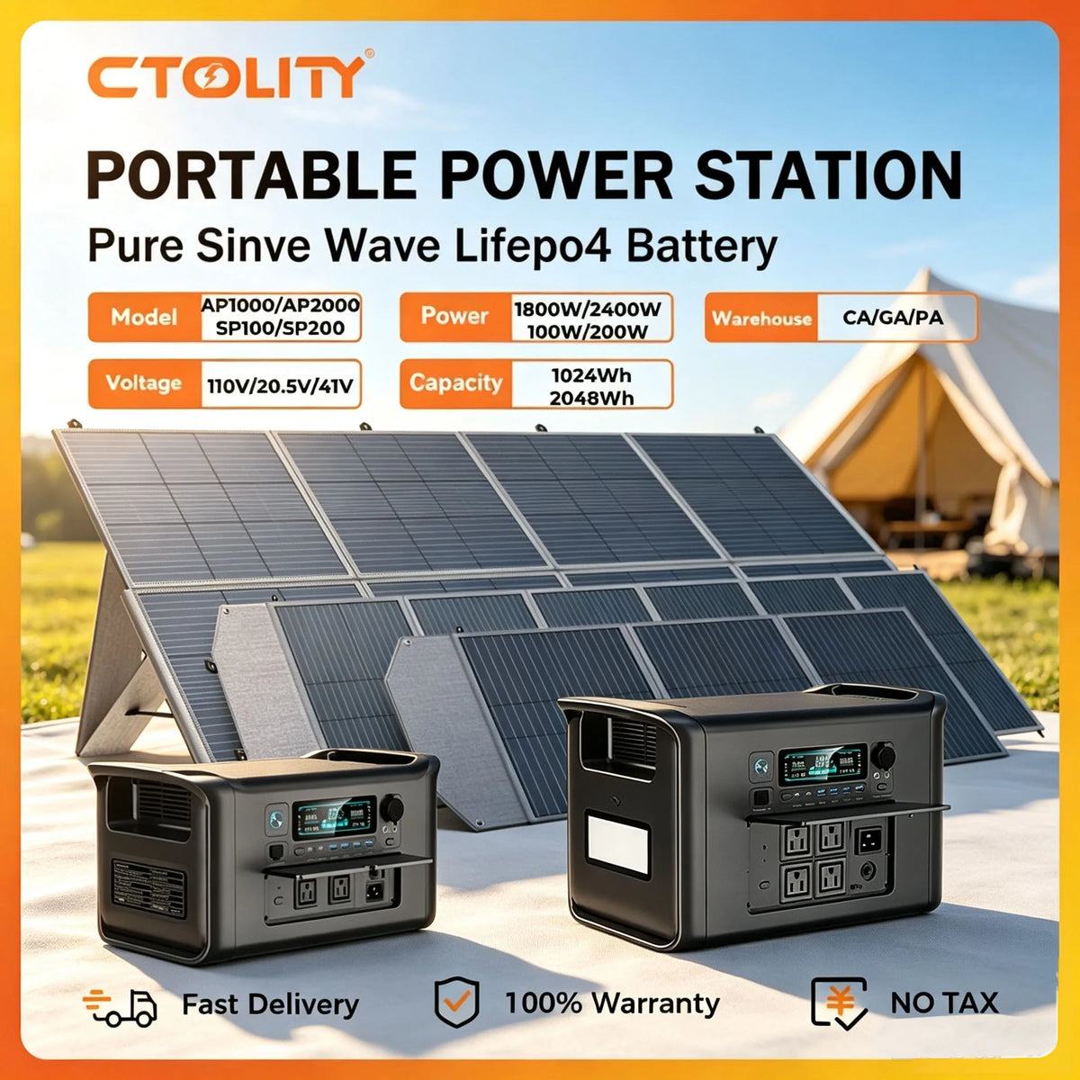CTOLITY Portable Power Station With LiFePO4 Solar Panel Kit