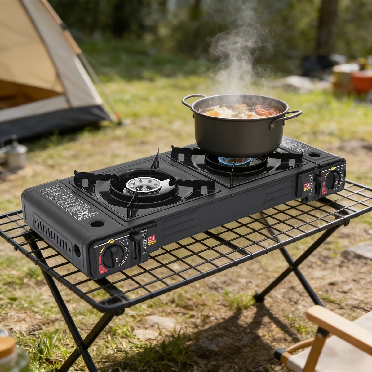 Portable Dual Burner Camping Gas Stove With Safety Valve