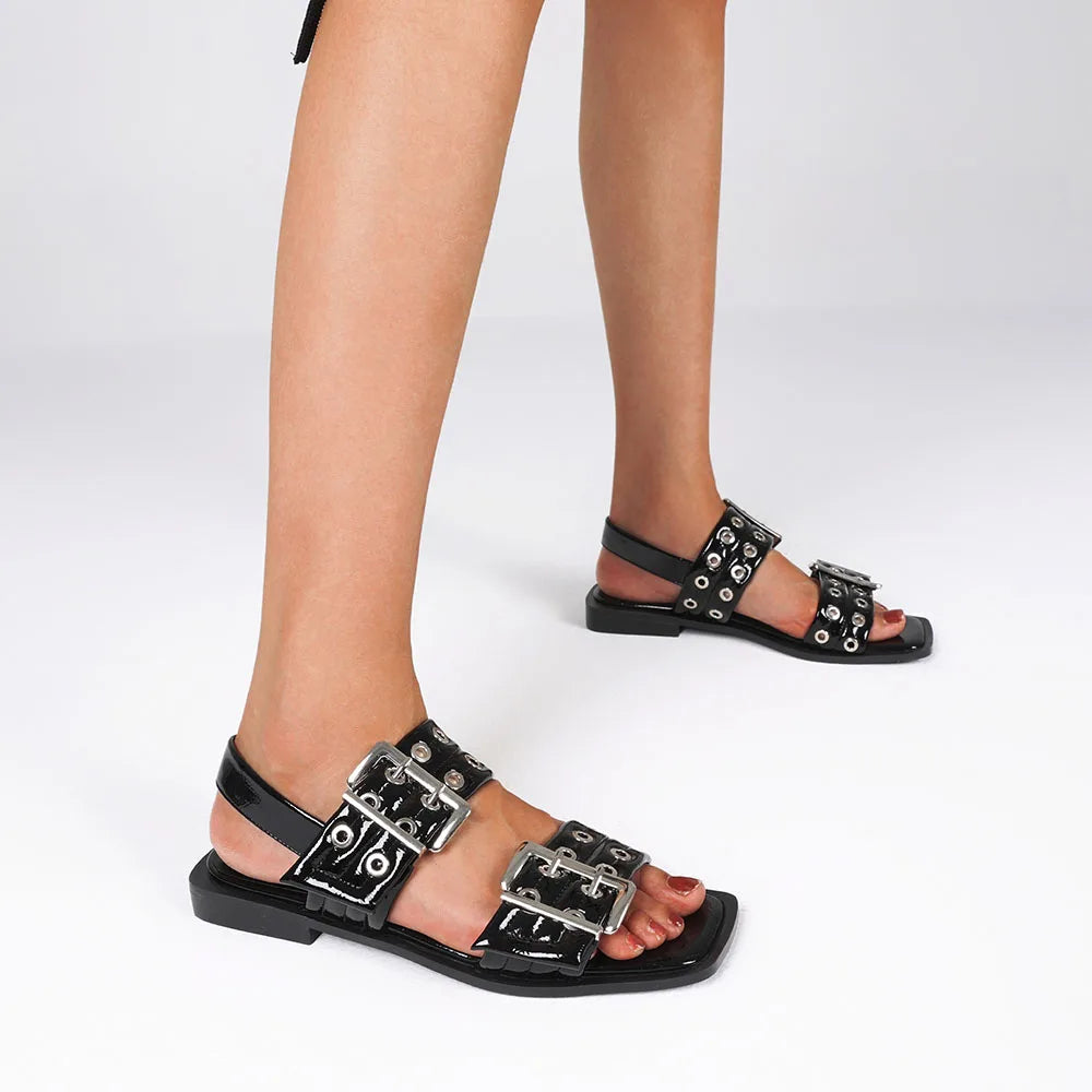 GIGIFOX Buckle Strap Square Toe Flat Sandals For Women