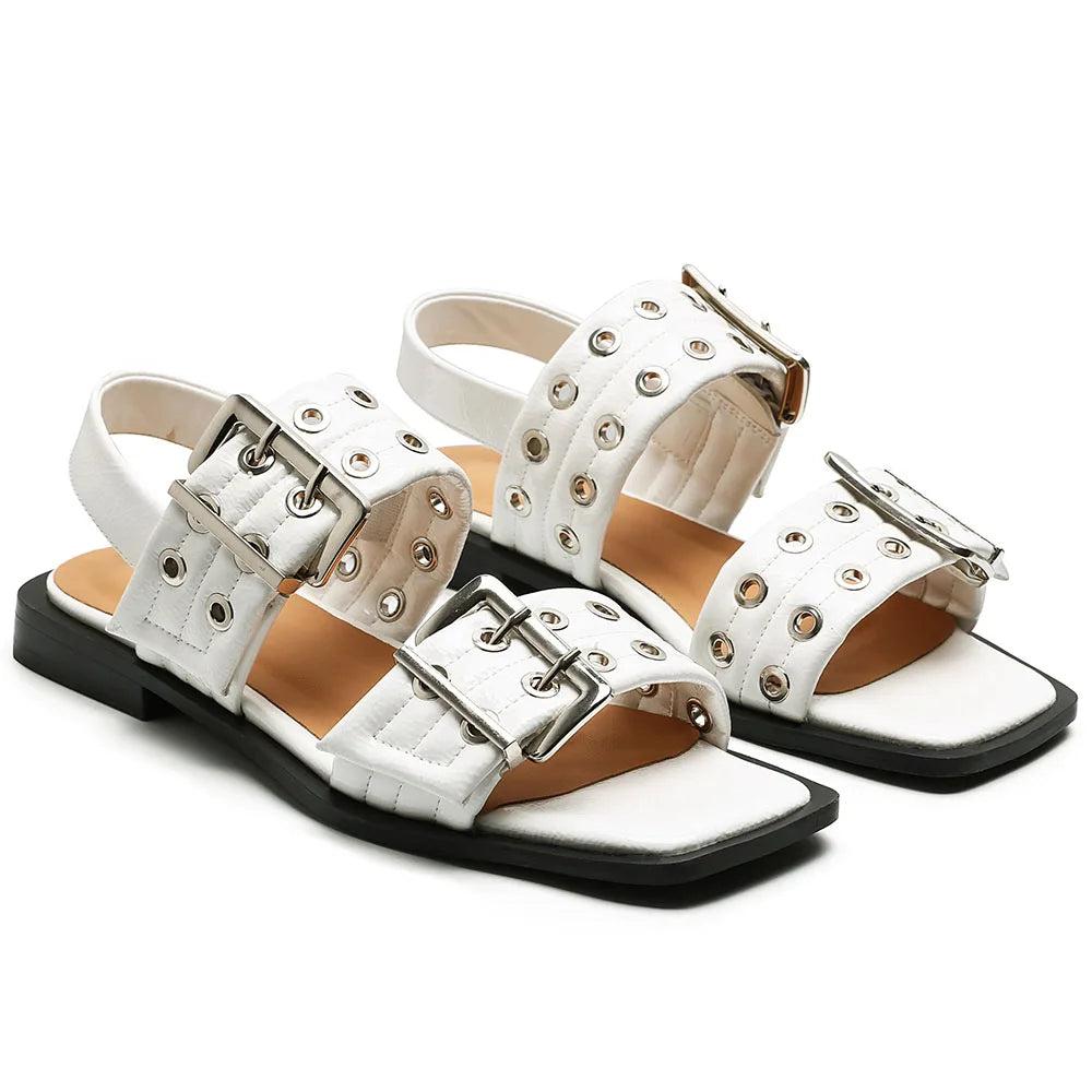 GIGIFOX Buckle Strap Square Toe Flat Sandals For Women
