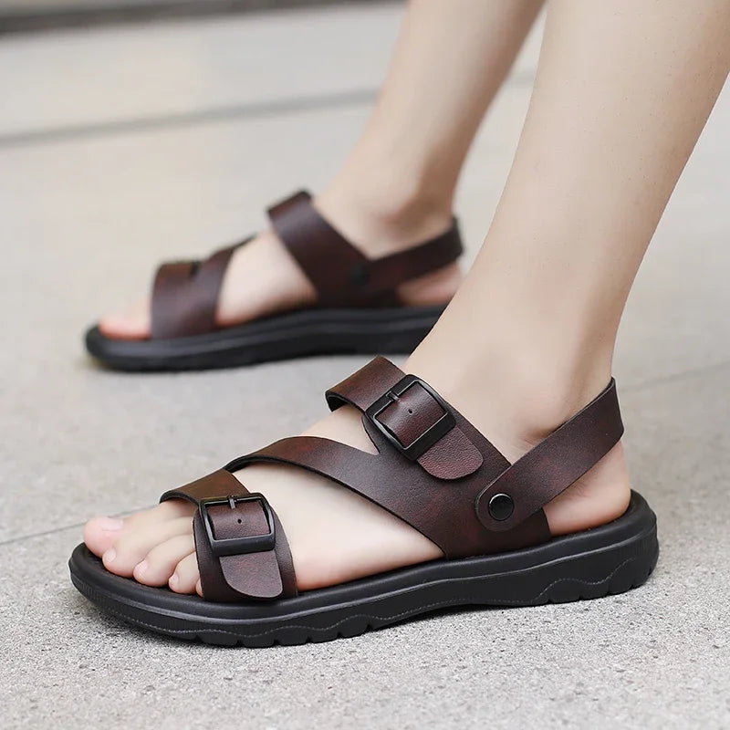 YUYIN Men PU Leather Sandals Non Slip Breathable Outdoor Slippers