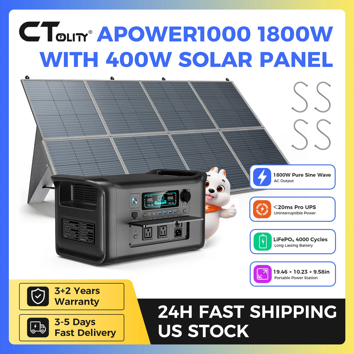 CTOLITY Portable Power Station With LiFePO4 Solar Panel Kit