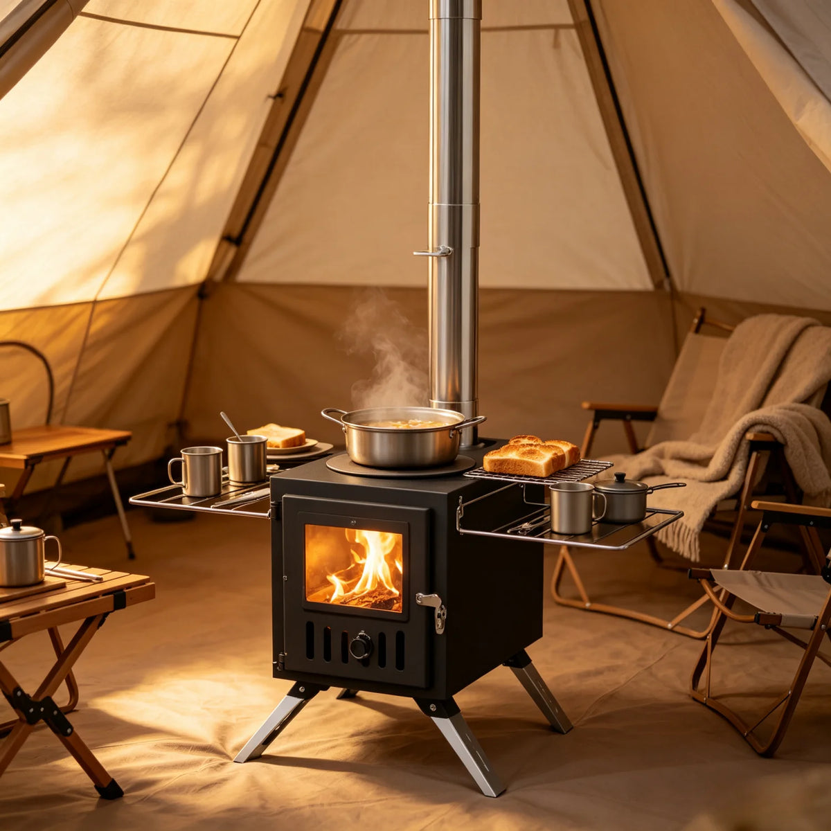 Stainless Steel Wood Burning Tent Stove for Outdoor Heating Cooking