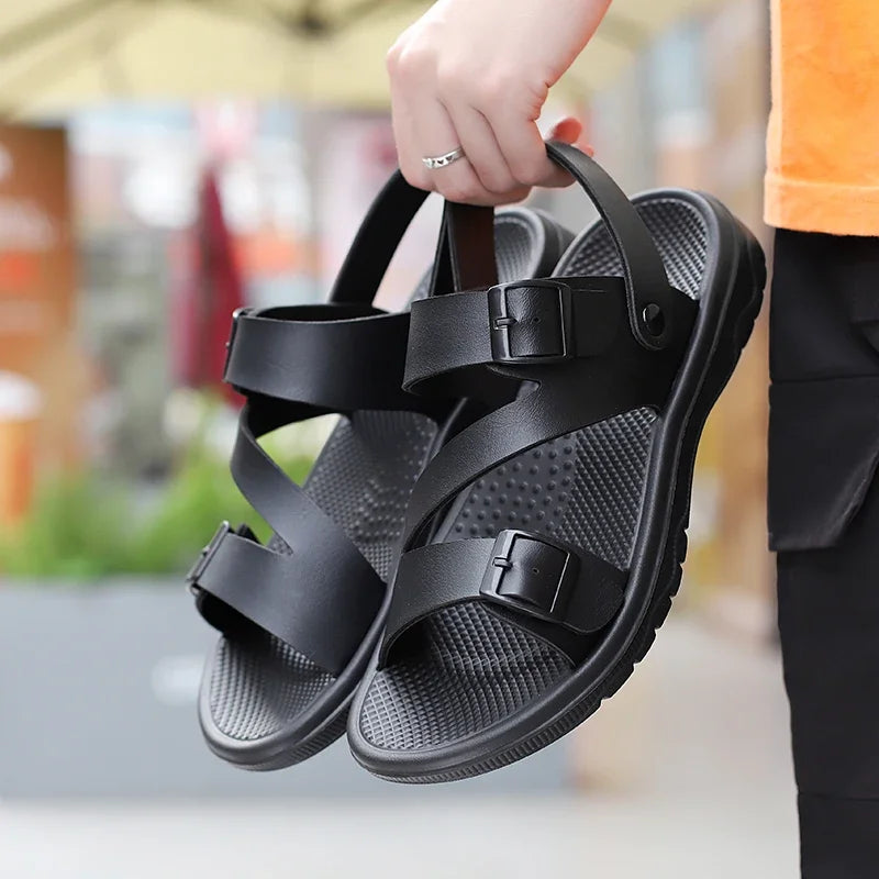YUYIN Men PU Leather Sandals Non Slip Breathable Outdoor Slippers