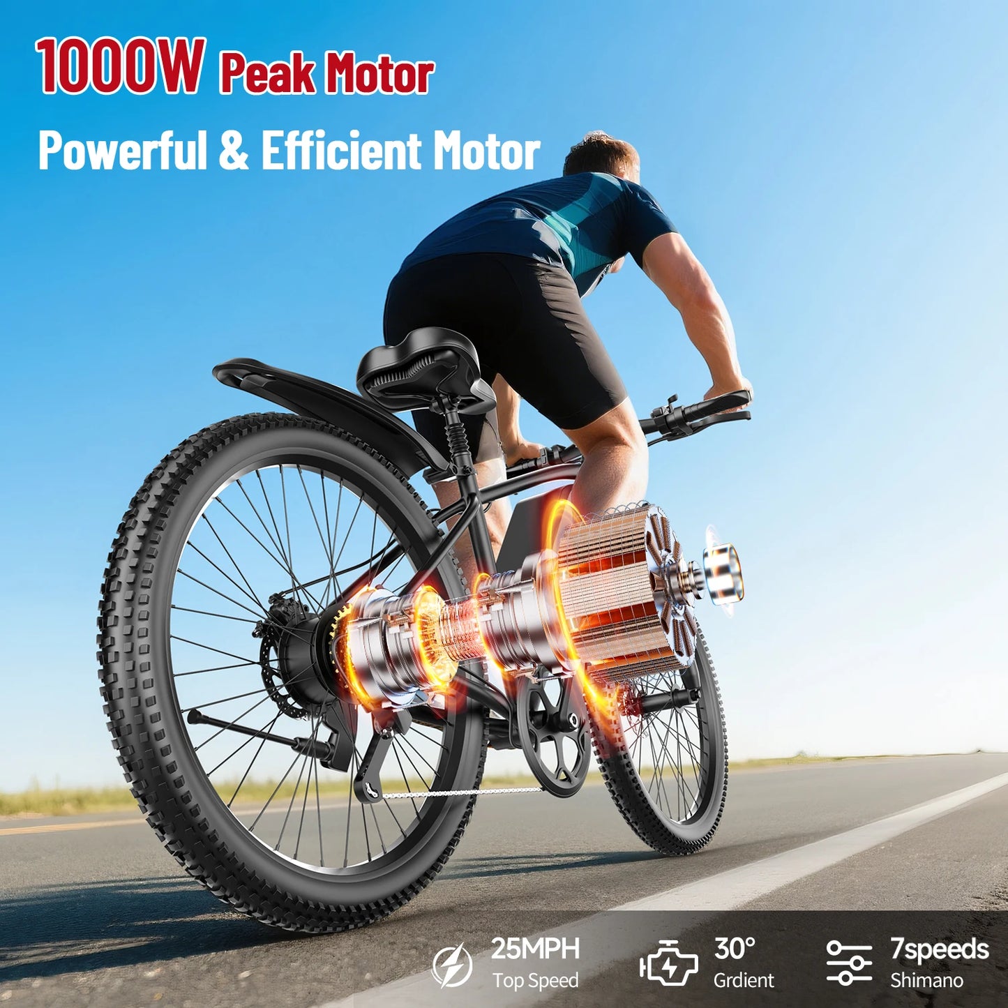 X-koala Electric Bike 1000W Peak Motor 25MPH 7 Speed Commuter Waterproof