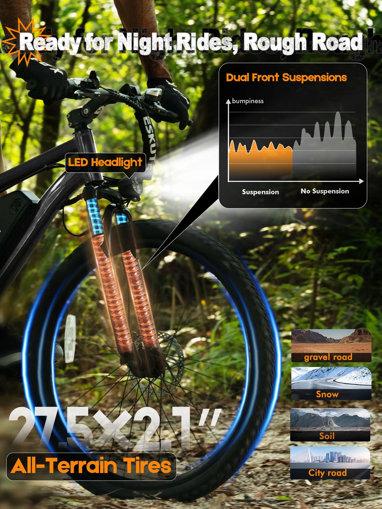 ESKUTE M200 Electric Bicycle  – 21-Speed Gear 27.5" Mountain ectric Bike, 1200W Peak, 28MPH, 48V 10.4Ah Battery  E-Bike