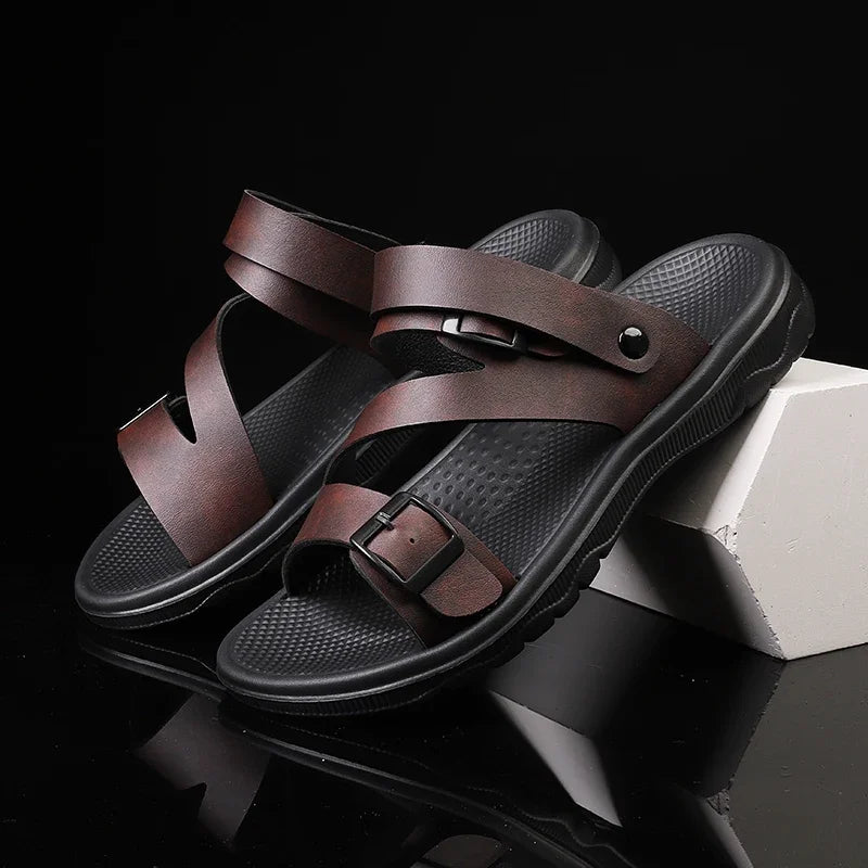 YUYIN Men PU Leather Sandals Non Slip Breathable Outdoor Slippers