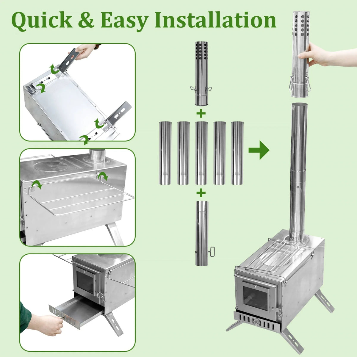 Stainless Steel Wood Burning Tent Stove for Outdoor Heating Cooking