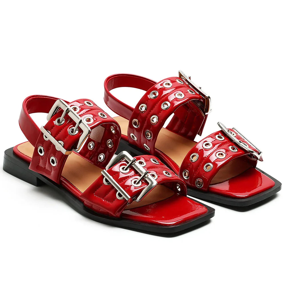 GIGIFOX Buckle Strap Square Toe Flat Sandals For Women