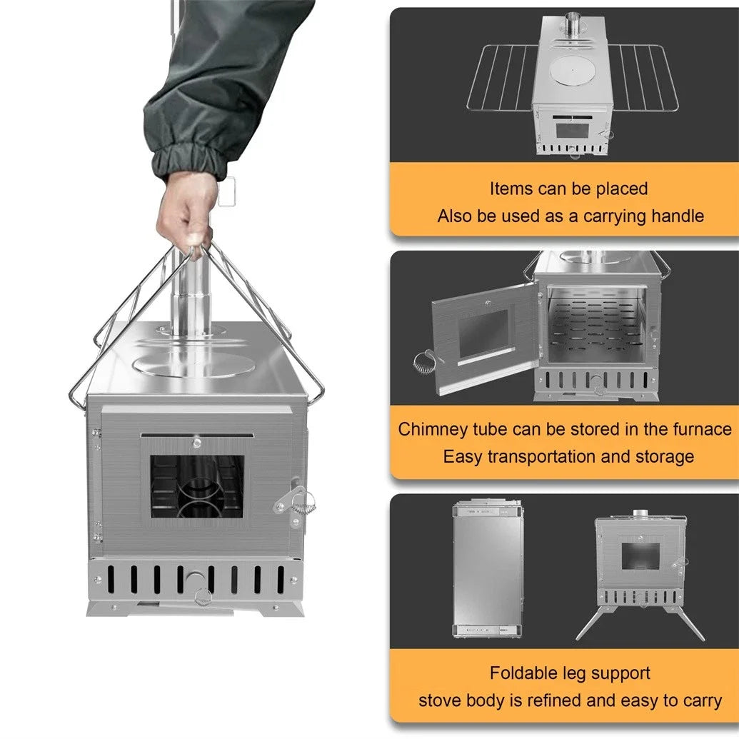 Unho Portable Wood Burning Tent Stove with Six Chimney Pipes