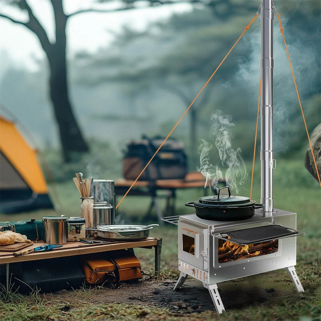 Unho Portable Wood Burning Tent Stove with Six Chimney Pipes