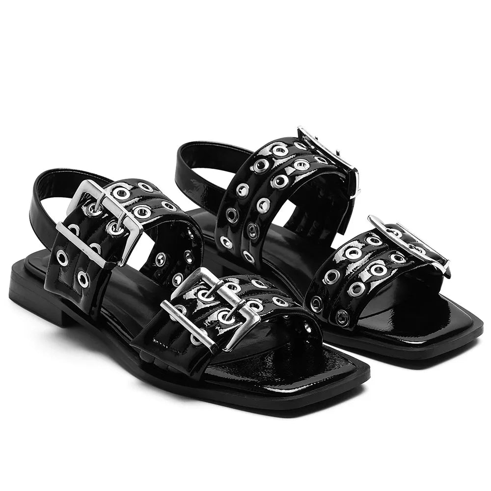 GIGIFOX Buckle Strap Square Toe Flat Sandals For Women