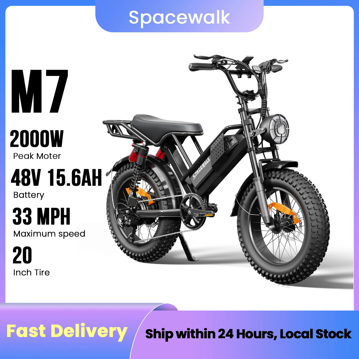 Spacewalk 2000W M7 Electric Bike for Adults,33MPH 70Miles,48V 15.6Ah Electric Dirt Bike,20" Fat Tire,7-Speed All Terrain EBike
